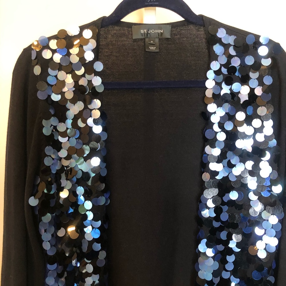 St. John Silk Knit Sequin Blue Cardigan (M) - Picture 3 of 8